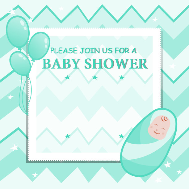 宝宝送礼男孩邀请卡设计概念。美丽的邀请贺卡与婴儿和气球上的抽象背景在一个框架。卡通平的风格。矢量图图片下载