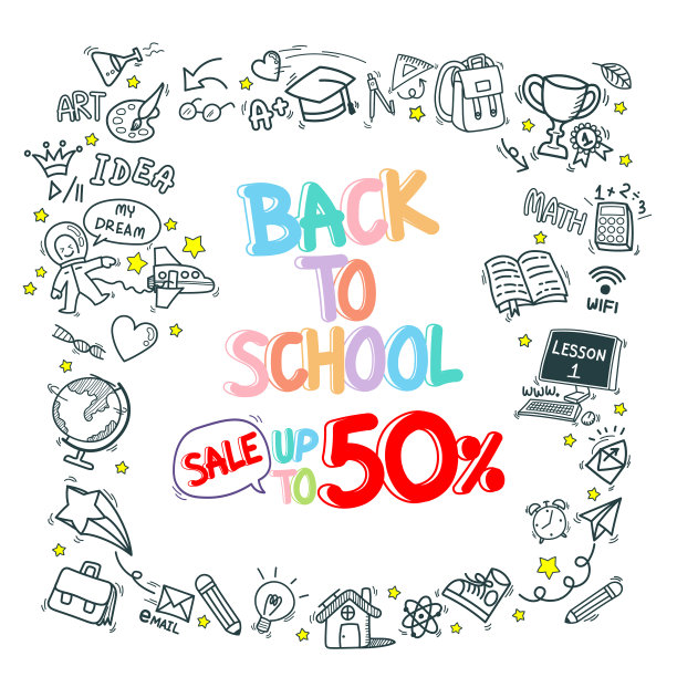 回到学校文具供应项目折扣涂鸦图标图案背景。手绘卡通教育标志和图标符号孤立在白色背景图片下载