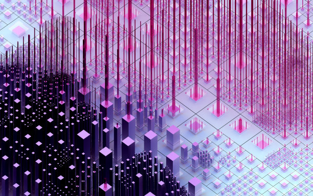 超现实的3d抽象艺术背景与硅谷的部分微芯片和晶体管基于不同大小的立方体，蓝色和紫色梯度颜色在等距视图图片下载