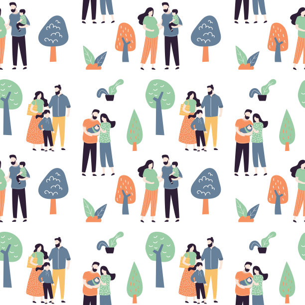 无缝模式与爱的夫妇和孩子户外。人们一起在公园里散步。纹理背景与可爱的家庭。图片下载