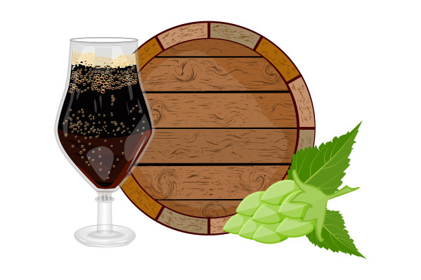 一杯黑啤酒，木桶和啤酒花孤立的白色背景。图片下载