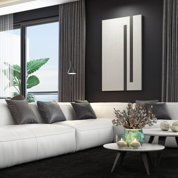 豪华黑暗内饰客厅中的白色皮沙发，带有现代简约意大利风格的开放式厨房图片下载