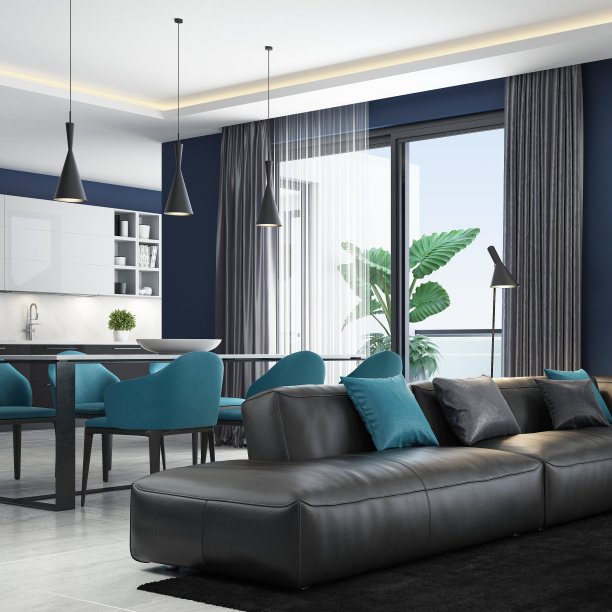 藏青色豪华现代简约意大利风格客厅图片下载