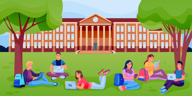 学生们拿着书，笔记本电脑坐在大学校园的草坪上。学生学习户外。矢量图图片下载