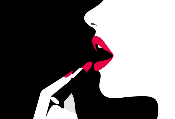 美丽的女人脸侧视图和一只手与口红在黑色的背景。时尚的背景。美丽的背景。化妆品的背景。向量。图片下载