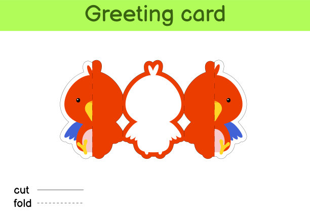 可爱的鹦鹉折叠长贺卡模板。非常适合生日派对，宝宝派对，主题派对。可打印颜色方案。打印、裁剪、折叠、粘胶。彩色矢量股票插图。图片下载