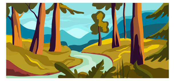 乡村观河流景观，概念林地背景自然旗帜卡通矢量插图。农村茂密的森林。图片下载