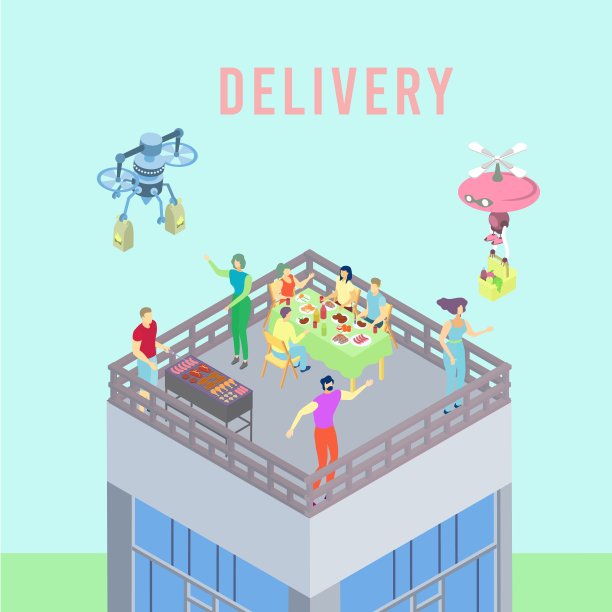 未来快递技术服务，在线快递提供三维等距矢量图。无人机进口食品订单。图片下载