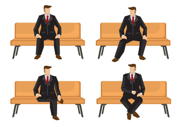 一组商务人士在沙发上四种坐姿。图片下载