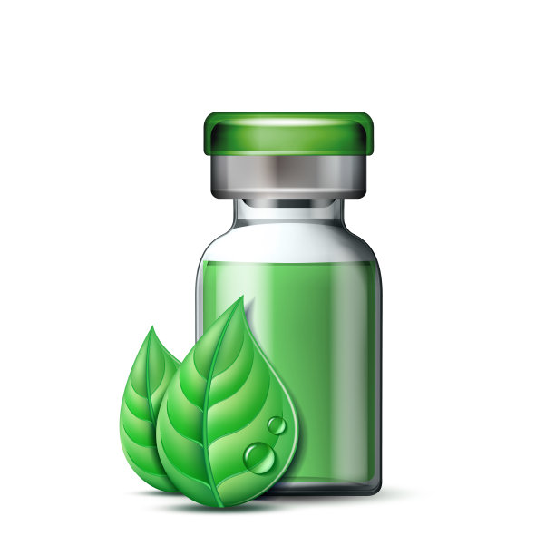 透明玻璃安瓿带有疫苗或药物治疗用和两片绿叶。图片下载