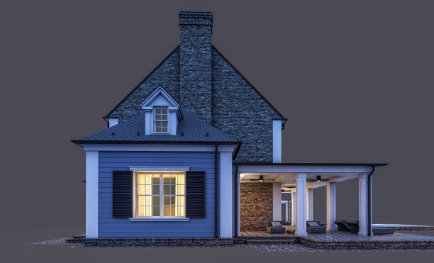 殖民风格的现代古典住宅的3d渲染，在夜晚孤立的黑色上图片下载