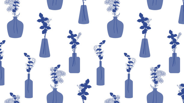 蓝色玻璃花瓶与花在它的模式矢量背景图片下载