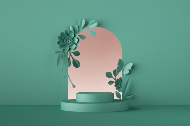 3d渲染，薄荷绿色花卉背景。框架与纸花，植物拱门和空舞台，基座或讲台，产品展示。商业海报模型图片下载