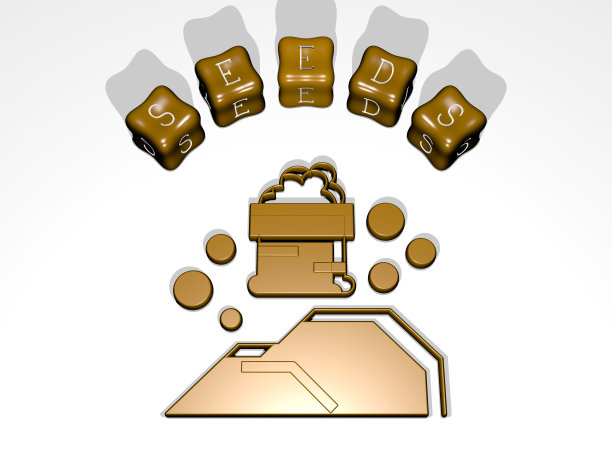 垂直的种子的3D图形图像，以及由顶部角度的金属立方体字母围绕图标构建的文本，非常适合概念展示和幻灯片。背景图片下载