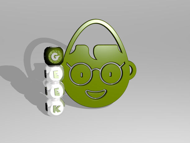 垂直的GEEK三维图形图像，以及由金属立方体字母从顶部视角围绕图标构建的文本。非常适合概念演示和幻灯片展示。插图图片下载
