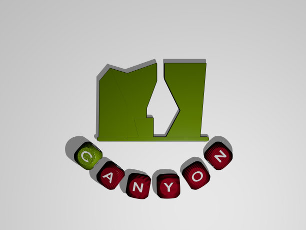 峡谷的三维表现与图标在墙上和文本安排由金属立方体字母在镜子地板上的概念含义和幻灯片演示。美丽和风景图片下载