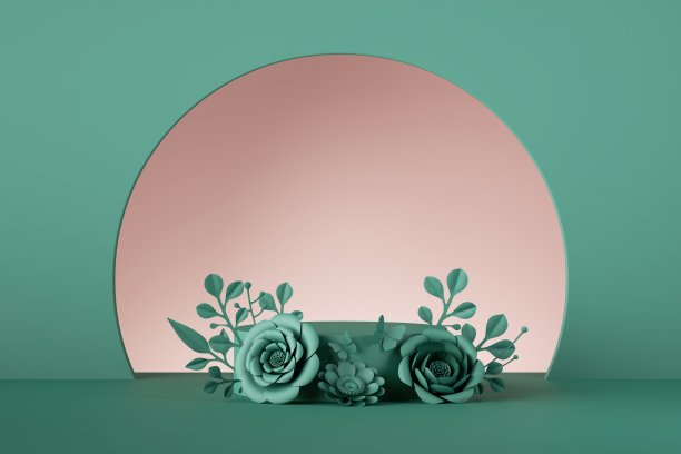 3d渲染，薄荷绿色植物背景。空白海报模型。圆画框配工艺纸花，花拱。商店产品展示展示台，空讲台，空基座，圆形舞台图片下载