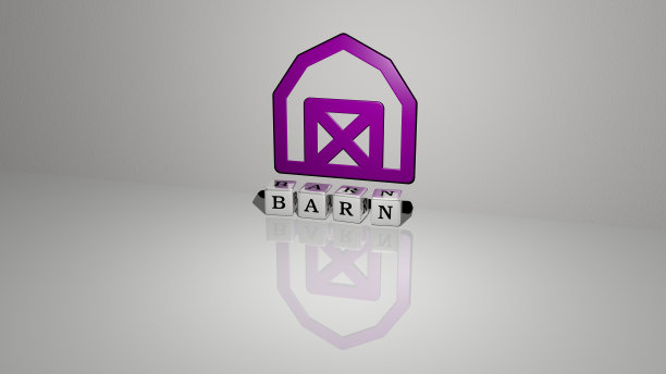 3D插画BARN图形和文字由金属骰子字母作相关含义的概念和表示。农场和背景图片下载