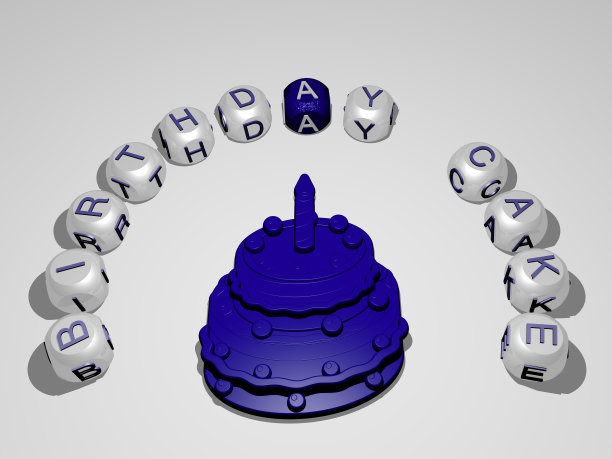 三维图形图像的生日蛋糕垂直与文本建立围绕的图标由金属立方体字母从顶部的视角，优秀的概念展示和幻灯片。图片下载
