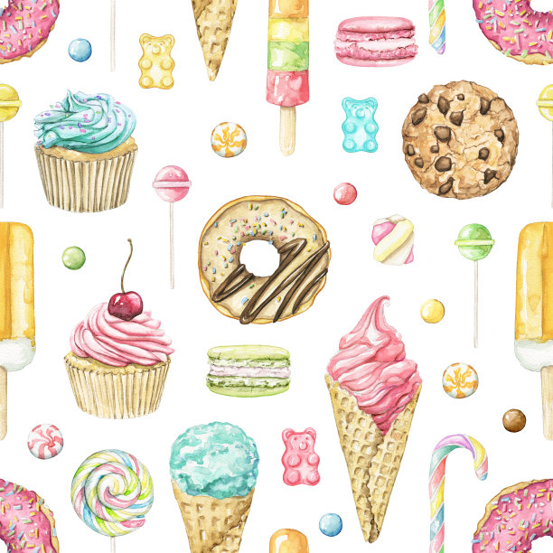 水彩无缝图案搭配各种亮色糖果图片下载