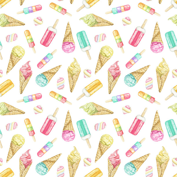 水彩无缝图案与套餐各种冰淇淋图片下载