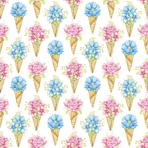 水彩无缝图案与粉红色和蓝色的花在华夫筒图片下载