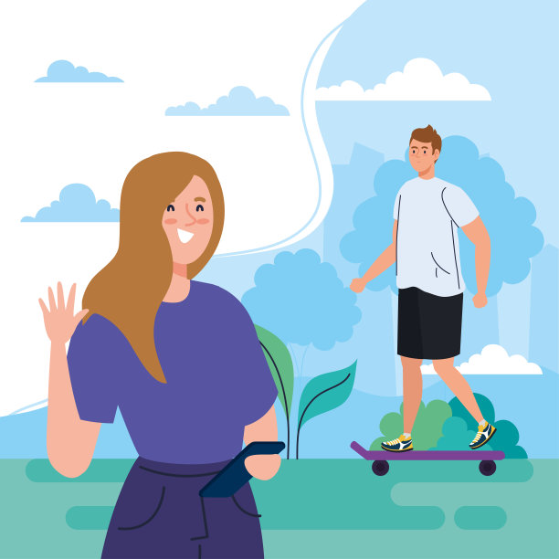 夫妇进行休闲户外活动，男人在滑板和女人与智能手机图片下载