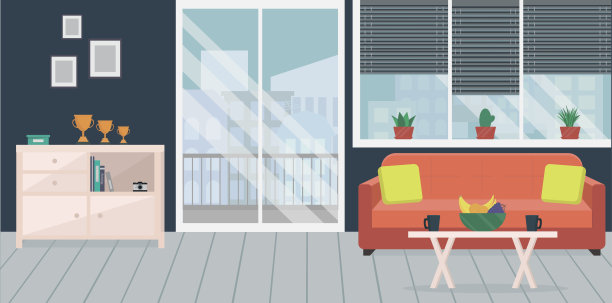 现代公寓，客厅内部家具，大窗户和滑动玻璃门到阳台与城市景观景观在公寓风格。矢量插图。图片下载