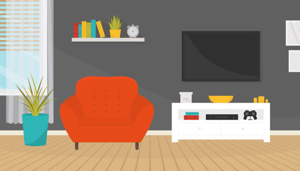 客厅内部有家具。柔软的扶手椅，电视，书架和窗户。家居设计。现代公寓。图片下载