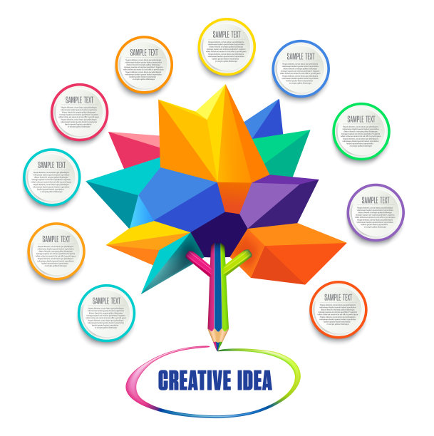 低聚概念多色树设计，树的树干由彩色铅笔形成图片下载