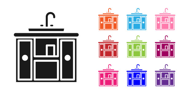 黑色盥洗柜与水龙头图标隔离在白色背景。设置图标丰富多彩。矢量图图片下载