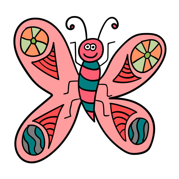 卡通涂鸦复古蝴蝶孤立的白色背景。天真烂漫的风格。矢量插图。图片下载