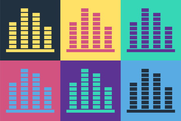 流行艺术音乐均衡器图标孤立的颜色背景。声波。音频数字均衡器技术，控制台面板，脉冲音乐。矢量图图片下载