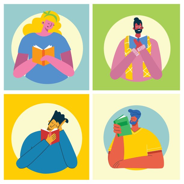 世界读书日、读书节、书展矢量概念插画，平面风格。人们坐着，站着，走着，读着书图片下载