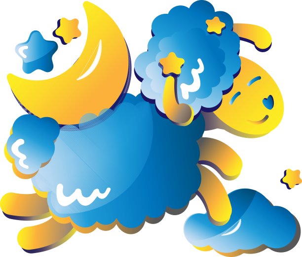 向量蓝色羊与新月在云与白色孤立的背景图片下载