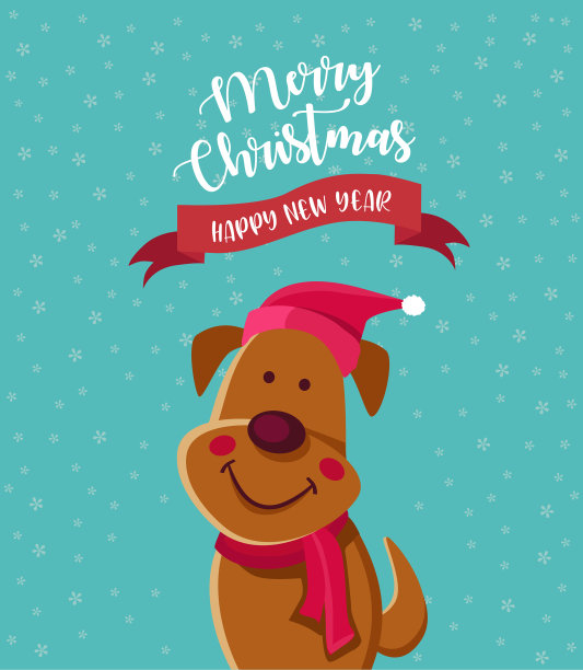 可爱的狗狗戴着圣诞老人的帽子做圣诞贺卡。图片下载