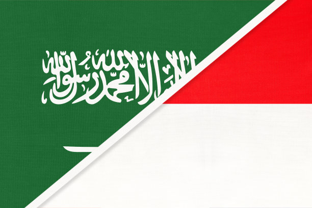 沙特阿拉伯和印度尼西亚国旗纺织品标志，两国之间的锦标赛图片下载