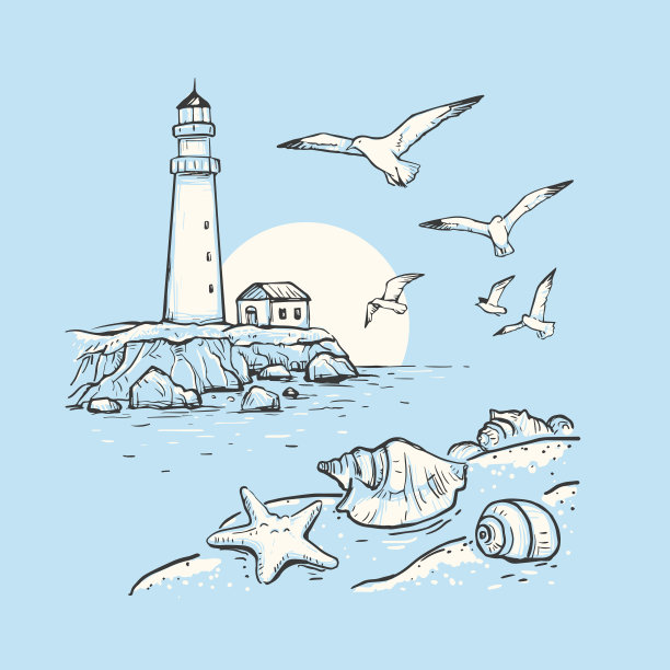 手绘矢量素描与瓶子，海鸥，太阳和灯塔。沙滩上有贝壳和海星。海洋浪漫的背景。图片下载