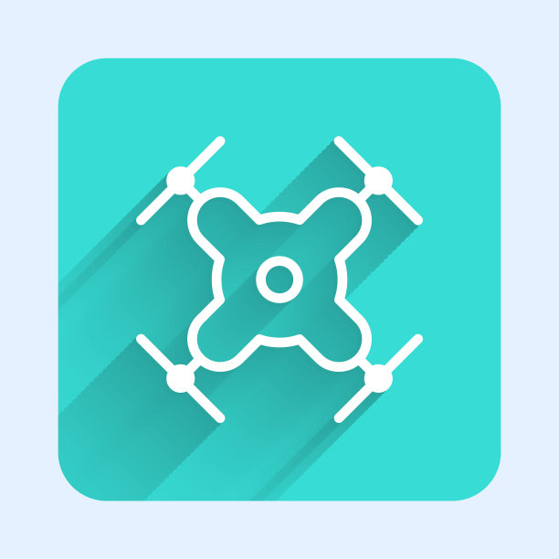 白线无人机飞行图标孤立与长阴影。带有视频和照片相机符号的四轴飞行器。绿色方形按钮。矢量图图片下载