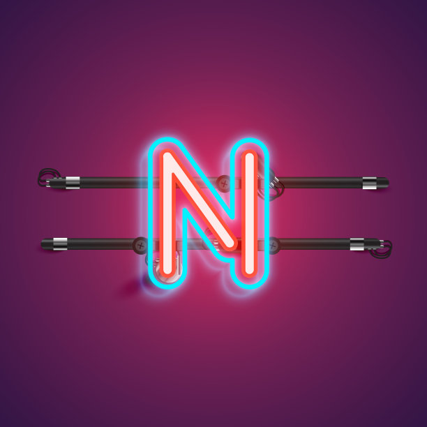 现实的发光双霓虹灯字符从一个字体与控制台，矢量插图图片下载