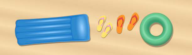 人字拖，充气床垫和游泳圈在沙滩上。沙滩度假、蜜月或浪漫之旅的情侣凉鞋。矢量插图。图片下载