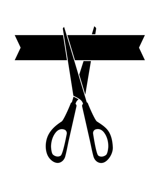 剪刀在剪丝带。黑色图标孤立在白色背景。向量图片下载