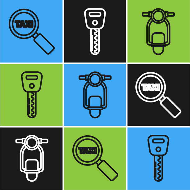 设置直线放大镜和出租车，滑板车和汽车按键图标。向量图片下载