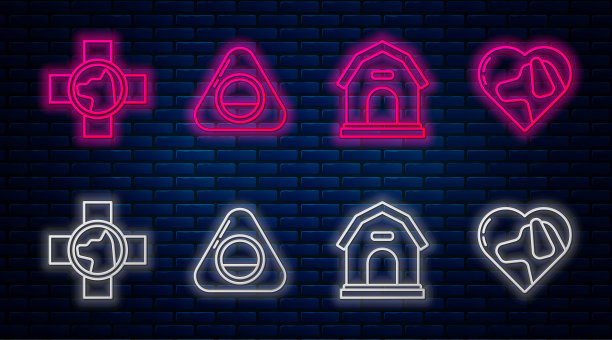 设行宠物床，狗舍，兽医诊所标志和心与狗。砖墙上发光的霓虹灯图标。向量图片下载