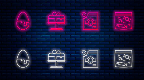 蛋糕装盘，糖果包装，巧克力蛋和巧克力。砖墙上发光的霓虹灯图标。向量图片下载