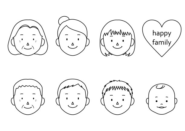 三代家庭面部插画素材（妈妈、爸爸、奶奶、爷爷、女孩、男孩、婴儿）图片下载