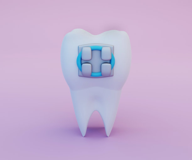 粉红色背景上带金属牙套的牙齿。护理，正畸和牙科符号，3D渲染图片下载