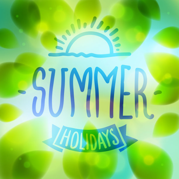 画在窗上的夏字，清新的绿叶模糊的背景，矢量写实的插画，夏日自然的美丽艺术。图片下载