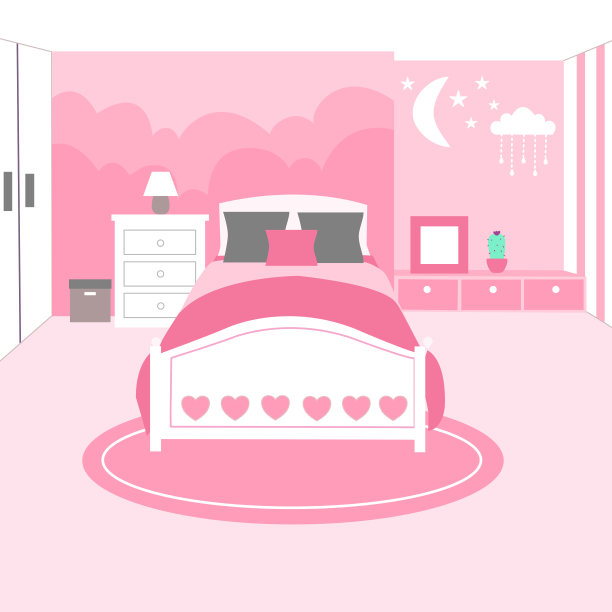 粉色矢量插图的女孩舒适的房间。粉红色的卧室内部在平面设计。图片下载
