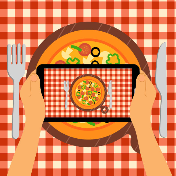 手持智能手机，在餐厅拍摄披萨照片。现代趋势的饮食前拍照矢量插图。图片下载